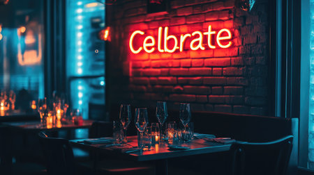 Neon sign reading Celebrate glowing brightly on a brick wall with festive table setup in foregroundの素材