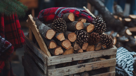 Wooden crate filled with firewood, pinecones, and cozy blankets for a festive settingの素材