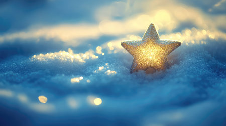 Sparkling ornament in the shape of a star resting on soft snow under soft lightingの素材