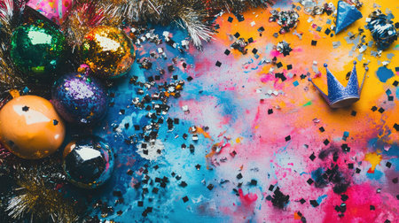 Tinsel, party hats, and birthday crowns scattered on a bright colored tableclothの素材