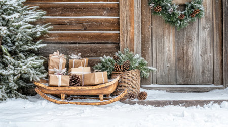 Vintage sled with wrapped presents and pinecones leaning against a snowy porchの素材