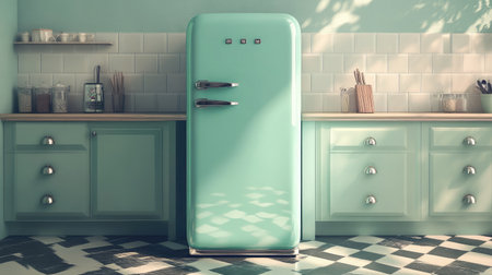 Angled view of stylish kitchen interior with mint fridge, patterned rug, and checkered tilesの素材