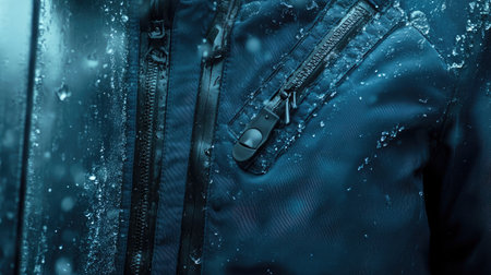 A close-up of a snow suit's insulated material and zippers against a frosted glass backgroundの素材