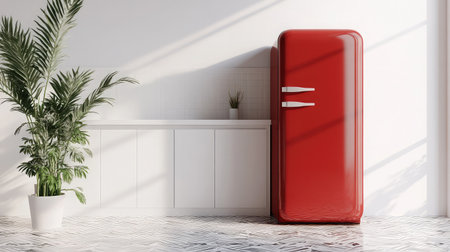 s-style red fridge against clean white backsplash and geometric floor pattern for retro-modern fusionの素材