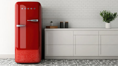 s-style red fridge against clean white backsplash and geometric floor pattern for retro-modern fusionの素材