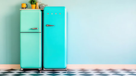 Checkerboard floor lines lead to colorful retro fridge in bright, stylish kitchen environmentの素材