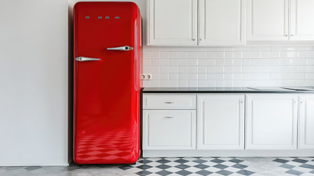 Classic s-style red fridge set against minimalist white cabinets and checkerboard tile floorの素材