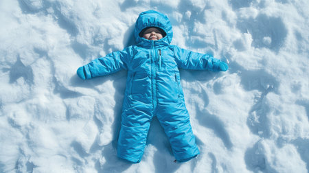 Child-sized snow suit on a snow angel impression, perfectly arranged on untouched snowの素材
