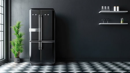 Checkerboard kitchen floor with stylish navy vintage refrigerator and minimalist shelvingの素材