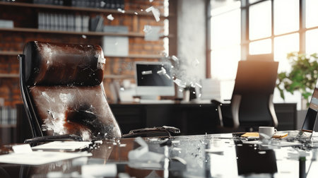 Cluttered executive office with cracked leather chair, broken glass table, and flickering computer screenの素材
