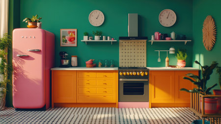Charming modern kitchen with retro pink fridge, patterned floor, and bright counters for interior inspirationの素材
