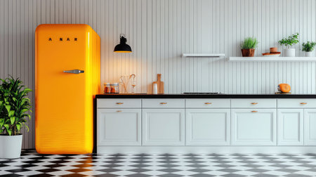 Black and white checkered floor provides vintage vibe with bright yellow fridge and white cabinetsの素材