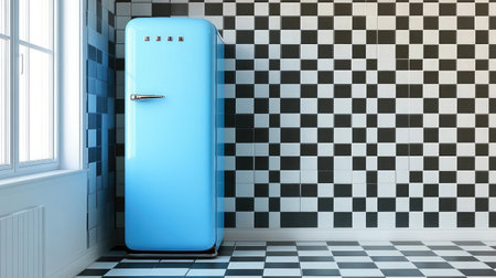 Checkerboard tile pattern grounds a light blue fridge in a sunny, open kitchen design with neutral tonesの素材