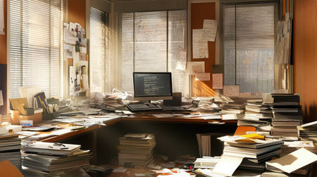 Corner office with broken blinds, damp walls, and a cracked monitor on a desk full of scattered filesの素材