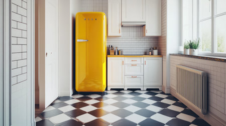 Black and white checkered floor provides vintage vibe with bright yellow fridge and white cabinetsの素材