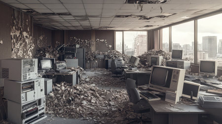 High-rise office left in haste, chairs unpushed, desktops abandoned, and lights flickering above old equipmentの素材