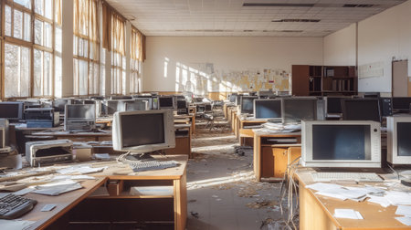 Dust-covered desks in a dimly lit abandoned office, scattered papers and broken monitors suggesting long-forgotten business activityの素材