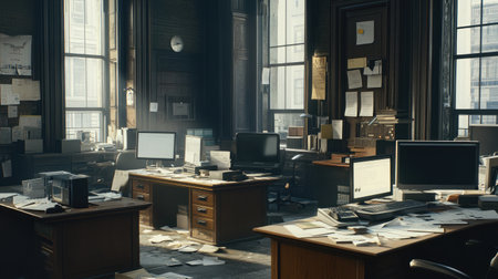 Dust-covered desks in a dimly lit abandoned office, scattered papers and broken monitors suggesting long-forgotten business activityの素材