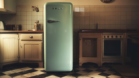 Cozy interior design showcasing a vintage-style fridge and bold checkered tiles under bright ambient lightの素材