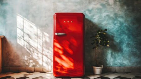Mid-century modern kitchen featuring cherry red refrigerator and checkered flooring under warm lightingの素材