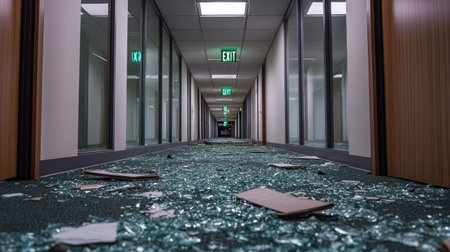 Darkened hallway in an abandoned office complex with blinking exit signs and broken glass underfootの素材