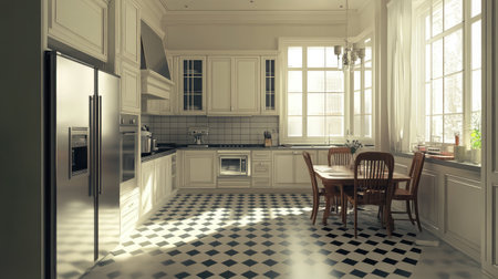 Eye-level shot of kitchen space with light-toned cabinetry, chrome-accented fridge, and black-white tilesの素材