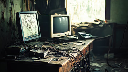 Forgotten workspace with tangled cords, cracked computer screens, and a musty atmosphere of decayの素材