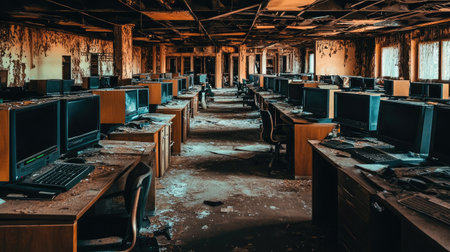 Floor-level view of abandoned open-plan office with peeling wallpaper and broken computers in rowsの素材