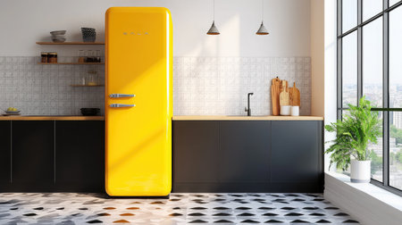 Kitchen layout with counter-to-ceiling tiles, vibrant vintage fridge, and classic black-and-white floorの素材