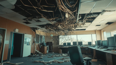 Exposed ceiling wiring and collapsed panels in a forgotten office filled with dead monitors and debrisの素材
