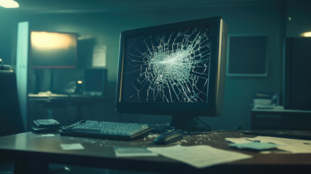 Office corner with cracked monitor still displaying error message amid dust-covered keyboard and phoneの素材