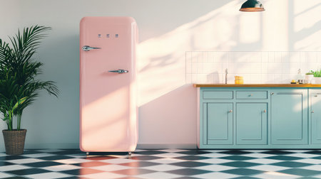 Elegant modern kitchen with retro fridge in pastel pink, standing on shiny checkerboard tile floor with bright lightingの素材