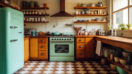 Kitchen featuring pastel green vintage fridge, open wood shelves, and timeless checkered tile floorの素材