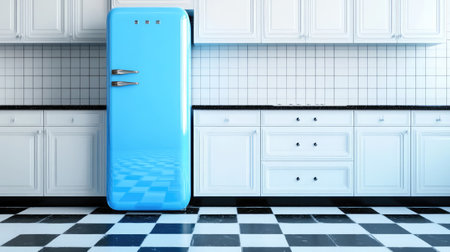 High-contrast checkered flooring highlighting a classic blue fridge with curved edges in a light-filled kitchenの素材