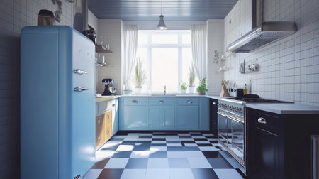 Full kitchen scene with s-style baby blue fridge and contrasting black and white floor tilesの素材