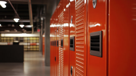 Row of bright orange lockers in a warehouse breakroom with industrial lightingの素材