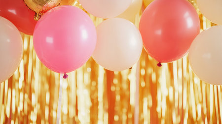 Backdrop of gold streamers and balloon arches in a celebration photo booth setupの素材