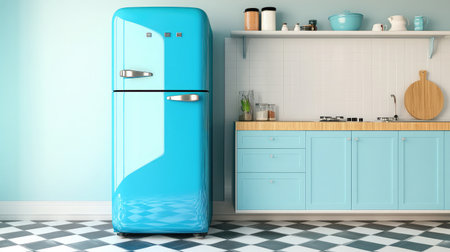 Retro blue fridge surrounded by floating shelves and checkerboard floors under soft kitchen lightingの素材