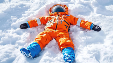 Single snow suit partially buried in snow as if dropped mid-adventure, surrounded by deep snowの素材