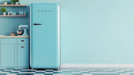 Retro blue fridge surrounded by floating shelves and checkerboard floors under soft kitchen lightingの素材