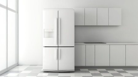 Retro-style white refrigerator sits at the center of a minimalist kitchen with striking checkerboard floor tilesの素材