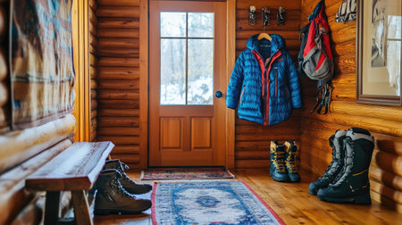 Stylish snow suit hanging from a wooden coat rack in a cozy alpine entryway with snowy boots nearbyの素材