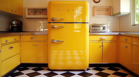 Vintage yellow refrigerator with chrome handles, centered in a modern kitchen with black-and-white checkerboard flooringの素材