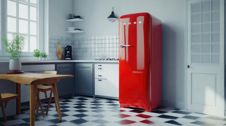 White and grey kitchen with checkered flooring and a striking red vintage-style refrigeratorの素材