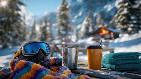 Snow suit and goggles set on a snowy picnic table with hot drinks and a snowy landscapeの素材