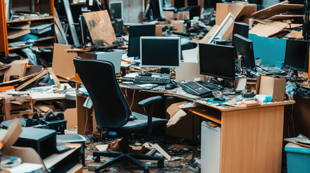 Tilted chairs and broken desktop computers in a poorly lit tech office buried in dust and clutterの素材