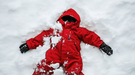 Single snow suit partially buried in snow as if dropped mid-adventure, surrounded by deep snowの素材