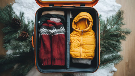 Top view of open suitcase packed with snow suit and winter accessories ready for travelの素材