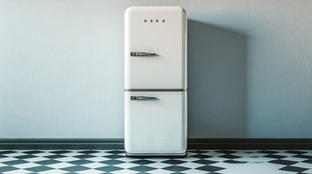 Retro-style white refrigerator sits at the center of a minimalist kitchen with striking checkerboard floor tilesの素材