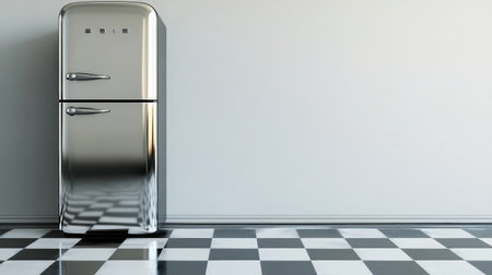 Vintage-style kitchen interior with polished chrome-accented fridge and tiled floor in black and white squaresの素材